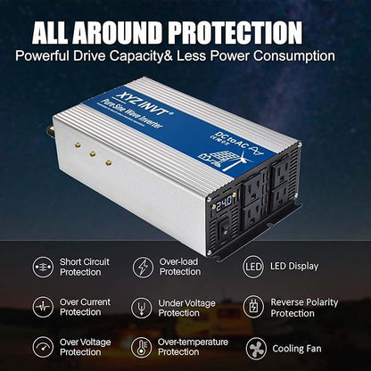 2000W Pure Sine Wave Inverter DC 24V to AC 120V, 4000W Peak Power with LED Display, Power Converter for Car, Truck, Solar, Home & Rechargeable Devices