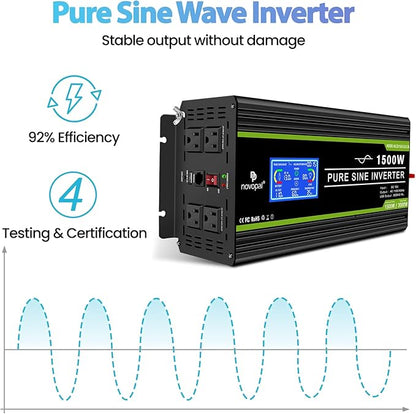 Novopal 1500 watt Pure Sine Wave Power Inverter DC 12V to 110V/120V Converter 4 AC Outlets Car Inverters with USB Port 16.4 Feet Remote Control and LCD Display
