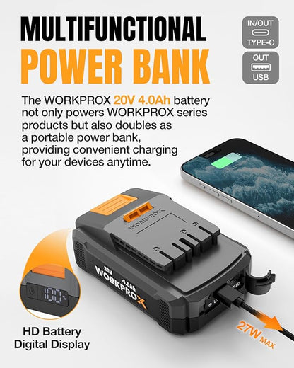 WORKPROX Cordless Pole Saw with Battery, 20V 4.0Ah Battery Powered 8 Inch Electric Pole Chainsaw, 4000mAh Power Bank with Quick Charge 3.0, Lightweight, 9.2 FT Max Reach Pole Saw for Tree Trimming