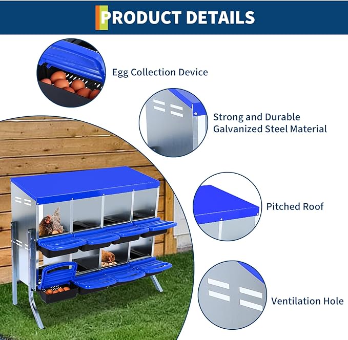 Chicken Nesting Box, 8 Compartment Roll Away Egg Laying Box for Hens, Wall Mounted & Freestanding (2 Modes of Use), Easy Egg Collection, Cleanable Pull Out Nesting Box, Blu, WL