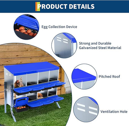 Chicken Nesting Box, 8 Compartment Roll Away Egg Laying Box for Hens, Wall Mounted & Freestanding (2 Modes of Use), Easy Egg Collection, Cleanable Pull Out Nesting Box, Blu, WL