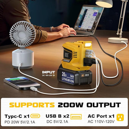 Power Inverter 200W Portable Power Station Generator Compatible with DeWALT, Ecarke Real 200W Supply Charger Adapter with Dual USB,AC Outlet and Type-C with 5Ah Battery & Charger Station Kit
