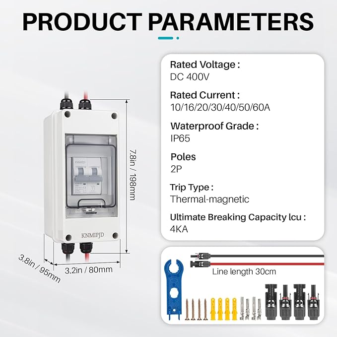 Solar Panel Disconnect Switch 10A 2P 400V Dc/AC Breaker Disconnect Box Outdoor Breaker Box Suitable for photovoltaic and Wind Energy Home Battery Systems (16 Amps)