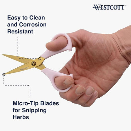 Westcott All-Purpose Kitchen Snips for Herbs, Pink with Gold Blade - Precision-Ground Blades, Durable Design, Ideal Kitchen Scissors for Everyday Tasks, 5-Inch