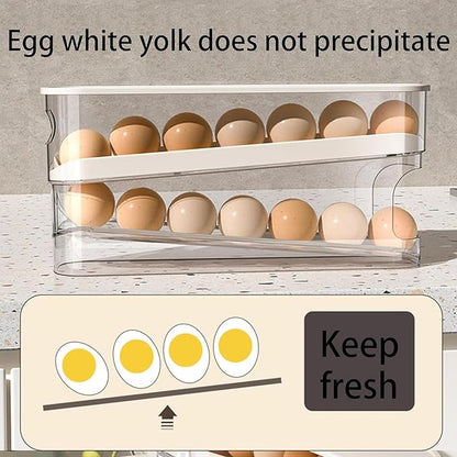 Auto Rolling Egg Holder for Fridge, Space Saving Eggs Dispenser, Sturdy and Durable Egg Traywith Lid, Stackable Fridge Container and Storage for 14 Large Eggs(2PCS)