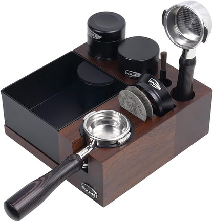 IKAPE V5 Espresso Knock Box, Espresso Coffee Organizer Box Fit for Storage 51, 54, 58MM Espresso Tamper, Distributor, Portafilter & Puck Screen Accessories, Natural Walnut Station Base(9 IN One)