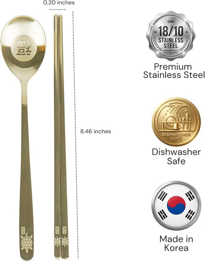 ONGI Korean Spoon and Chopsticks Set, Flat Korean Chopsticks, Premium 18/10 Stainless Steel, Turtle Symbol Design, Made in Korea, Dishwasher Safe, Meaningful Korean Gift (TT Gold 1 Set)