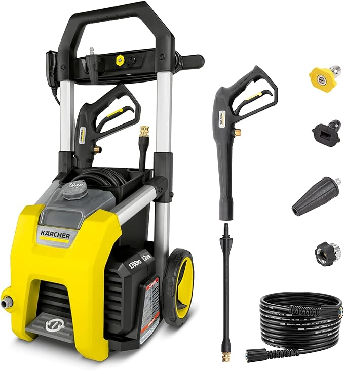 Kärcher Pressure Washer K1700, CETA Certified, 3 Spray Nozzles, Detergent Tank, for Cars, Driveways, Siding, Patios, 1.2 max. GPM