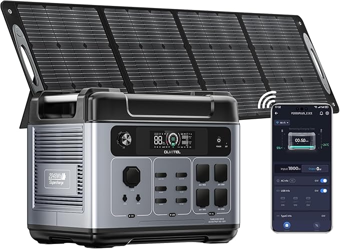 OUKITEL P2001 PLUS 2400W Power Station with 200W Solar Panel, 2048Wh Solar Generator(Peak 5000W) 1.5Hrs Fast Full Charging APP Control Emergency LiFePO4 Battery for Home Backup Camping RVs