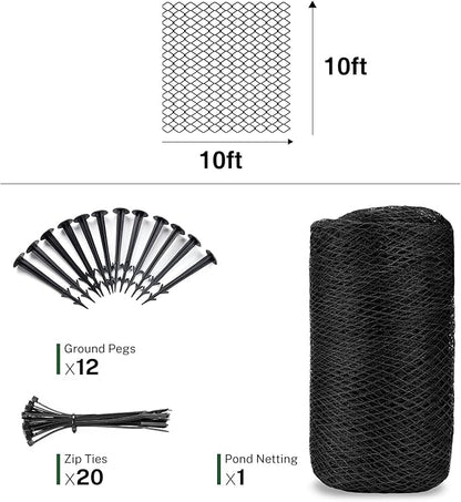 10 x 10Ft Pond Netting for Koi Ponds, Koi Pond Net Cover, Durable & Sturdy Pond Netting Cover for Leaves, Protect Koi Fish Against Herons, Raccoons, Cats & Predators, 12pcs Stakes Included