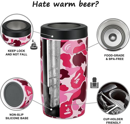 4-in-1 Slim Can Cooler Easy to Hold Insulated Beer Can Holder Double-walled Stainless Steel for All 12 Oz Cans (Camouflage Pink)