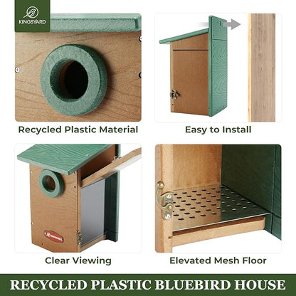 Kingsyard Recycled Plastic Bird House for Outdoor - Durable Nesting Box with Clear View Panel & Predator Guard for Bluebird Wren Swallow Finch, Green & Brown
