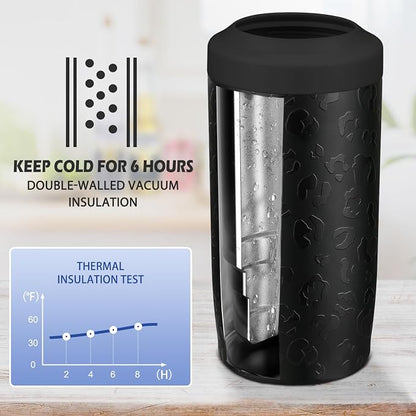 Itslife 4-in-1 Slim Can Cooler Easy to Hold Insulated Beer Can Holder Double-walled Stainless Steel for All 12 Oz Cans Gift Fathers Day Gifts for Dad (Black Leopard)
