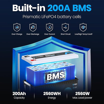 12V 200AH Bluetooth LiFePO4 Lithium Battery with Self-Heating, Built-in 200A BMS, Supports Low Temp Charging(-4°F), 5000+ Cycles, Perfect for RV/Camper, Solar, and Off-Grid Applications, etc.