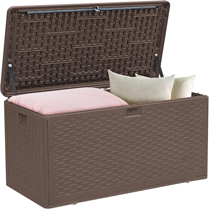 73 Gallon Pro Outdoor Storage Box Waterproof Lockable Resin Deck Box Large, Patio Storage Bin for Pool Accessories Cushion Furniture, Garden Tools, UV-Resistant Outside Delivery Brown