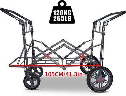 Foldable Wagon with Canopy - Collapsible Utility Cart with 2 Seats & Belts, Adjustable Handle, Expandable Front for Camping, Picnic, Shopping (Beige)