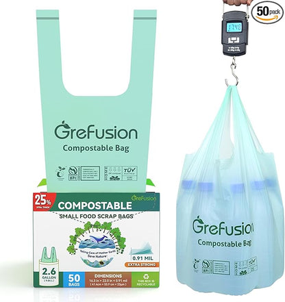 Compostable Trash Bags with handle-tie,Garbage Bags, 2.6 Gallon,Food Waste Bags,Small trash bags for compost bin kitchen,Certified by BPI and OK Compost (2.6G-50count)
