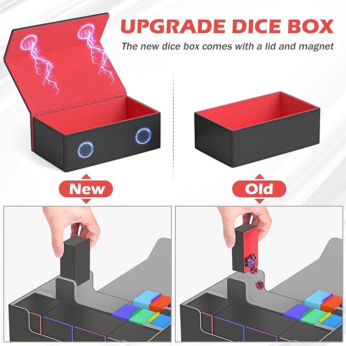 Trading Card Storage Box with Game Mat and 8 Divider Tabs, 3-Row Deck Case with Dice Tray, 3000+ Card Deck Box, Commander Deck Case for TCG, CCG, YuGiOh and Sport Card (Black & Red)