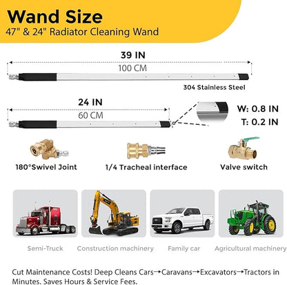 24 Inch Radiator Cleaning Wand, 4500 PSI Stainless Steel Radiator Cleaner Wand with Quick Connector, Dual Water & Air Blow Gun Adapter for Trucks, RVs, Heavy Equipment Pressure Washer