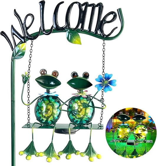 HONGLAND Outdoor Garden Solar Lights,Frog Swing Garden Decor,Frog Decorative Stake with Welcome Sign for Landscape Patio Yard (48 inch)