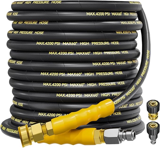 4200PSI Pressure Washer Hose 50FT with 3/8" Swivel Quick Connect for Cold/Hot Water, Kink Resistant Steel Wire Braided, Wear Resistant Power Washer Hose with 2 M22 14mm Adapter Set