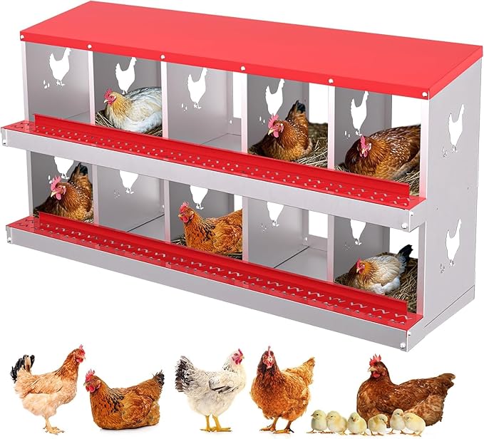 TrailBlaze Chicken Nesting Box 10 Compartments Laying Boxes, Metal Chicken Egg Laying Box with Rollout Egg Collection, Large Vented Holes Chicken Coop for Chickens, Hens (Red)