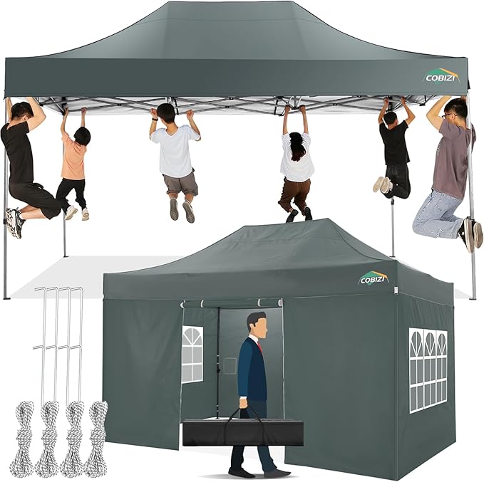 COBIZI 10x15 Pop up Canopy Tent 10x15 Canopy with 4 Sidewalls Waterproof Heavy Duty Commercial Canopy for Parties Outdoor Garden Gazebo Tent, Carry Bag(10x15ft, Gray)