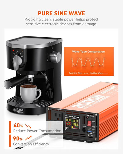 3000W Pure Sine Wave Power Inverter 12V DC to 110V AC Converter, LED Display,Remote Control, Car Inverter with 2AC Outlets,Fast Charging USB Port for RV,Truck,Home