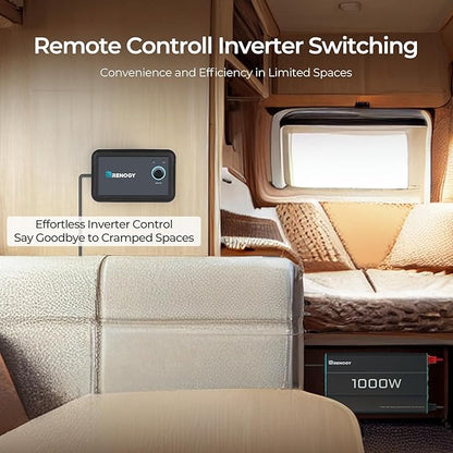Renogy Inverter P2 1000 watt Pure Sine Wave Inverter, Solar Car Power Inverter 12V to 120V AC Converter for RV, Truck, Camping, Home Backup, Outdoor, Emergency, Off-Grid Living, 16.4FT Remote Control