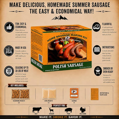 Hi Mountain POLISH Sausage Kit | Makes up to 30 lbs | Complete sausage making kit with cure, natural hog casings & directions. Perfect for pork, beef, venison, deer, & elk