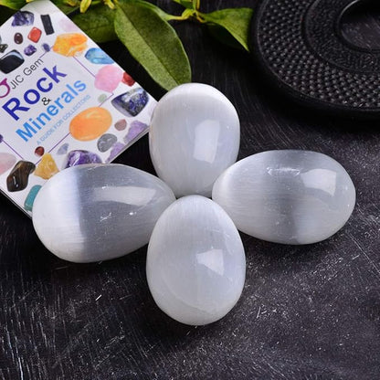 JIC Gem 4 pcs Selenite Egg-Shape Crystal Stone Large White Gemstone with Strong Healing & Calming Effects