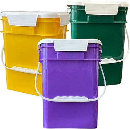 House Naturals 4 Gallon Square Food Grade Bucket Pail with Plastic Handles and Lid (Pack of 3) Made in USA containers (Yellow/Purple/Dark Green)