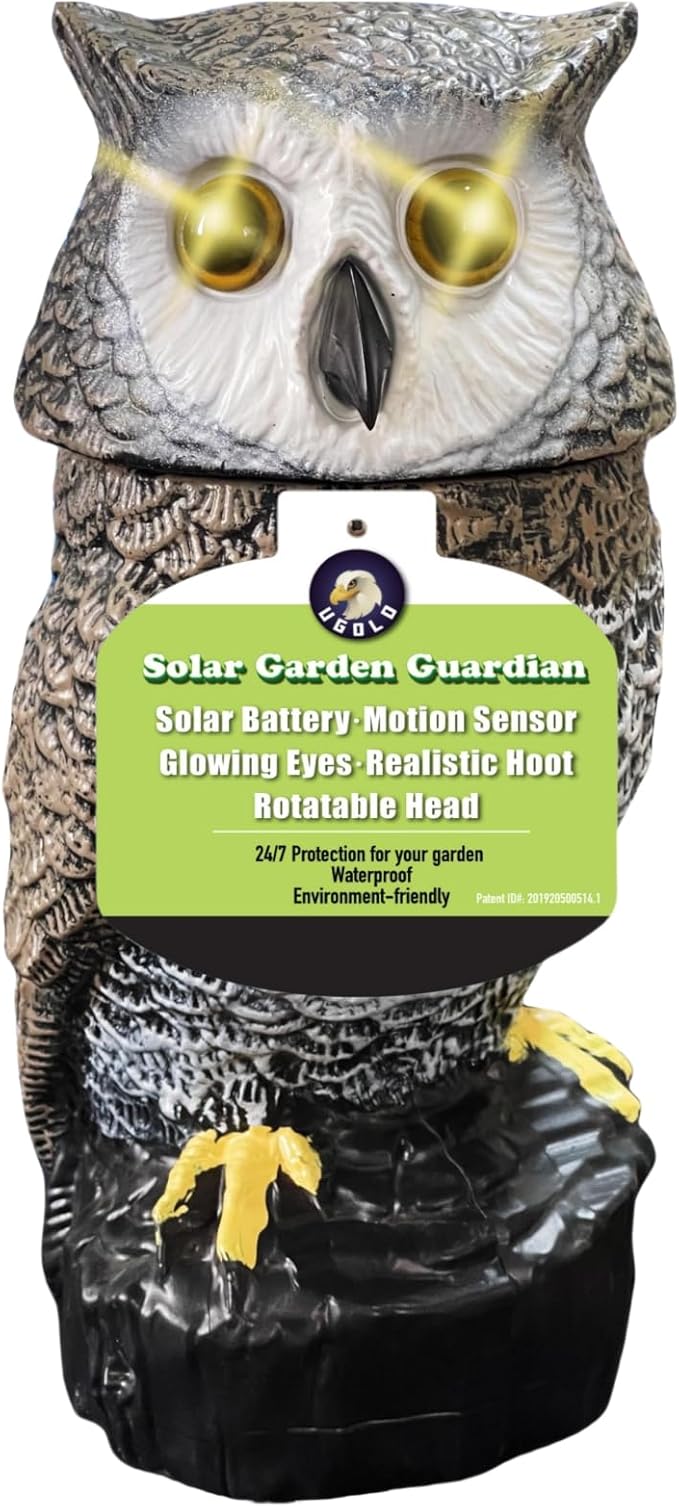 Solar Powered Garden Owl with Motion Detection, Rotating Head, Realistic Hoots and Silent Mode, Outdoor Statue and Sculpture, Owl Decoration for Home, Garden, Patio and Lawn