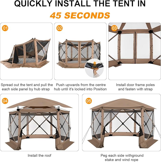 COBlZl Pop Up Gazebo 12x12 Screen House Tent for Camping, Outdoor Instant Stargazing Gazebo Canopy with Awning 2.0, Portable Hub Tent with Mosquito Netting, Pavilion for Backyard,Khaki