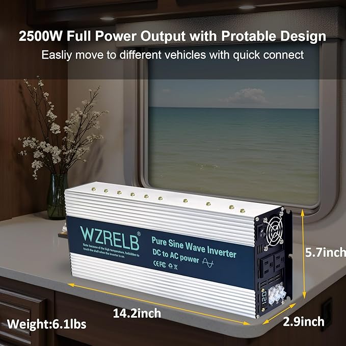 WZRELB 2500W Pure Sine Wave Inverter, Car Power Inverter 24V DC to 110V 120V AC Converter for RV, Truck, Solar, Outdoor with Dual AC Outlets, Hardwire Port, Surge 5000W, LED Display,Off-Grid