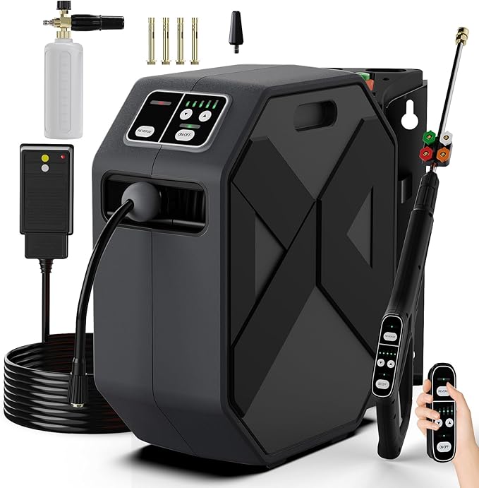 Wall Mounted Pressure Washer with 100FT Retractable Hose, 5-Stage Adjustable Pressure, Foam Cannon & 5 Nozzles for Car, Lane, Patio Cleaning, Black