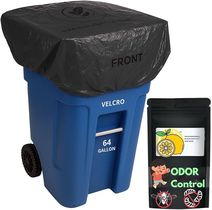 Trash Can Cover Odor Control with Elastic Band Lemon Scented Chemical Free 64 Gallon 2 Pack
