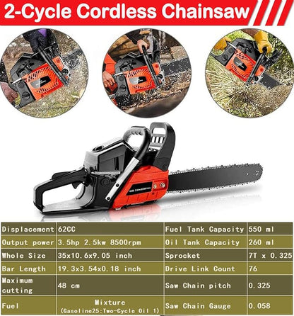COOCHEER 62cc Gas Chainsaw 2-Cycle Cordless Chainsaw 20 Inch Handheld Chain Saw with 2 Chains & Carrying Bag for Cutting Wood Tree Trimming Farm Garden