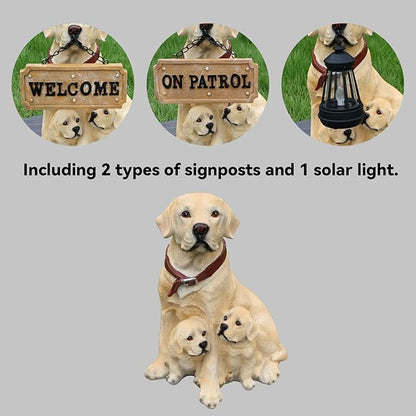 Labrador Retriever Outdoor Dog Family Statue with Reversible “Welcome/ON Patrol” Hanging Plaque and Solar Lantern, Yellow Mom with Two Puppies, Sitting Yard Greeter