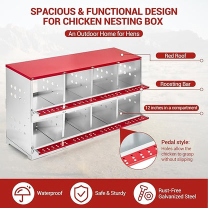 Metal Chicken Nesting Boxes - 8 Hole Wall-Mountable Laying Boxes with Roll-Away Egg Collection, Weatherproof Galvanized Steel, for Chicken Coop, Red