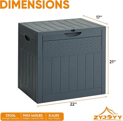 33 Gallon Resin Deck Box, Weatherproof Outdoor Storage Box for Patio, Garden, Pool, and Yard, Lockable Waterproof Bin for Tools, Cushions, and Accessories, Grey