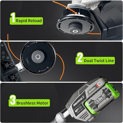 60V Lithium Ion Cordless String Trimmer, 17 Inch Two Speed Brushless String Trimmer with 5.0Ah Battery and Charger
