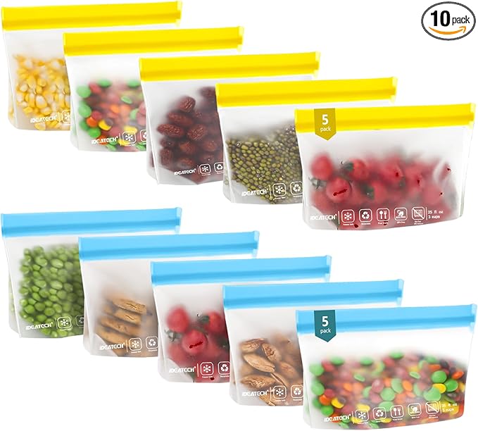 IDEATECH 10Pack Reusable Snack Bags Dishwasher Safe, Leakproof Reusable Freezer Bags, Food Freezer Storage Bags, Clear Small Resealable Baggies for Cookies, Candy (10Snack, Colored)