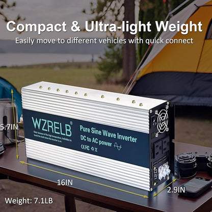 WZRELB 4000W Pure Sine Wave Inverter 12V DC to 110V 120V AC Power Converter with LED Display, Hardwire Terminal,Off-Grid Portable Power Inverter with Dual AC Outlets for Home, RV, Truck, Camping