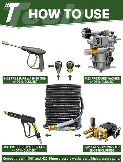 3/8" 4800PSI Pressure Washer Hose 100FT with Swivel Quick Connect for Cold/Hot Water Max 248°F, Kink Resistant Steel Wire Braided, Wear Resistant Power Washer Hose with M22 14mm Adapter