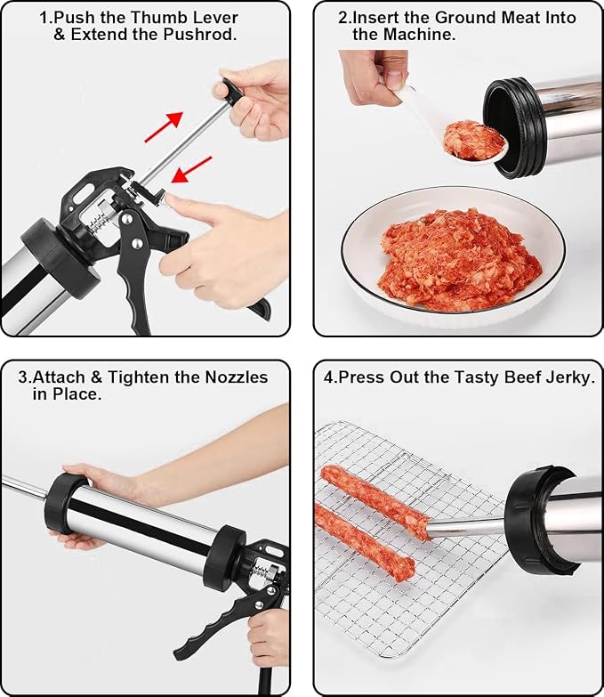 Jerky Gun for Ground Meat, 1.5LB Beef Jerky Gun Kit with 5 Stainless Steel Nozzles & 2 Brushes, Professional Jerky Shooter Sausage Stuffer, Easy Clean Jerky Gun Kits for Homemade Snacks