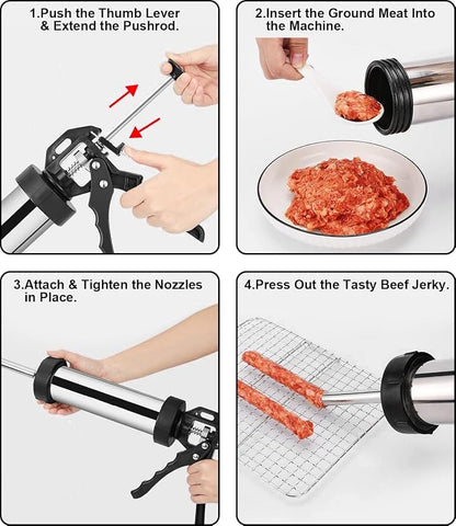 Jerky Gun for Ground Meat, 1.5LB Beef Jerky Gun Kit with 5 Stainless Steel Nozzles & 2 Brushes, Professional Jerky Shooter Sausage Stuffer, Easy Clean Jerky Gun Kits for Homemade Snacks