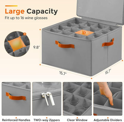 Foyego Wine Glass Storage Box, Gray | 16 Adjustable Dividers, Hard Shell, Stackable China Storage Containers Holds Stemware, Glassware, Crystal for Packing&Moving