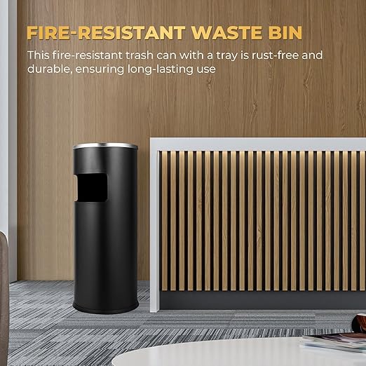Trash Can Outdoor Waste Container Round Stainless Steel Trash Can with Removable Inner Bucket for Disposal Commercial Waste Container with Hollow Tray 9.8‘’ x 24‘’-Black