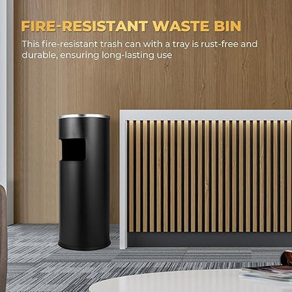 Trash Can Outdoor Waste Container Round Stainless Steel Trash Can with Removable Inner Bucket for Disposal Commercial Waste Container with Hollow Tray 9.8‘’ x 24‘’-Black